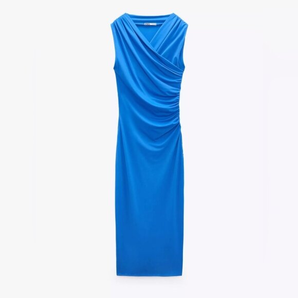 Zara Draped Stretch Midi Dress Blue Size Medium Blogger Fav - Picture 4 of 8